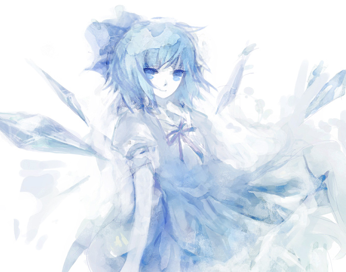 1girl bad_id bad_pixiv_id blue_hair blue_theme cirno female_focus icc ice light_smile looking_at_viewer monochrome no_lineart solo embodiment_of_scarlet_devil touhou white_background wings