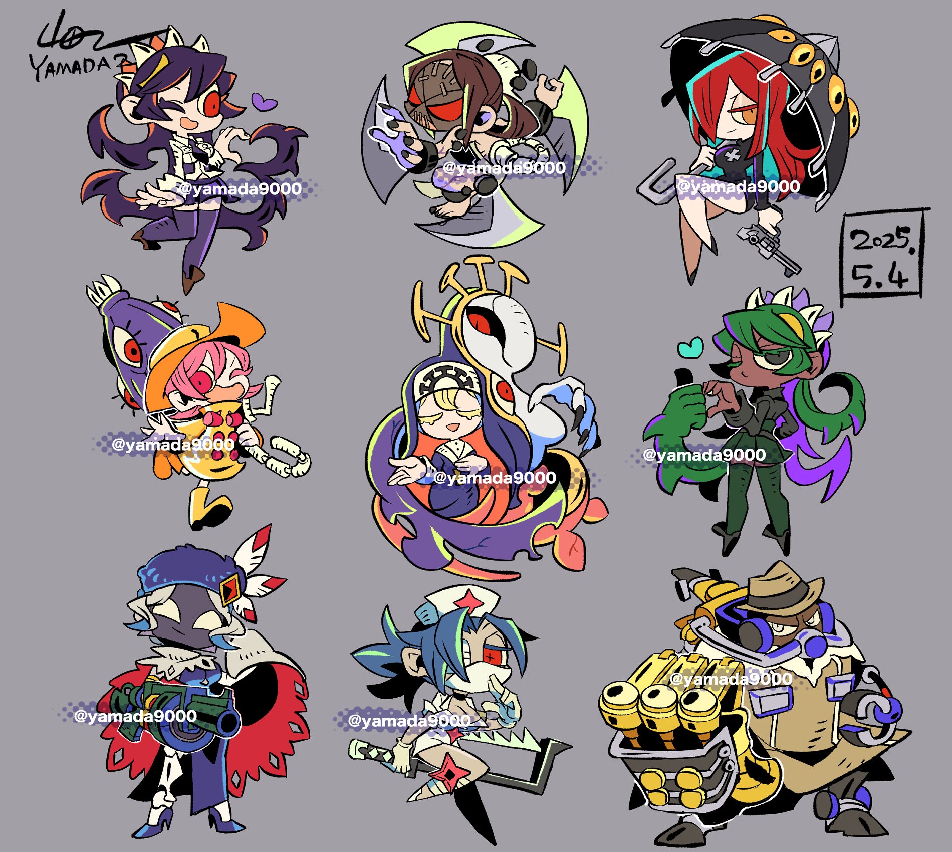 1boy 2025 6+girls arm_cannon barefoot black_dahlia black_nails blue_hair bonesaw boots brown_hair cape chibi choker closed_eyes coat cross cross_necklace crown cuffs cyborg dark-skinned_female dark-skinned_male dark_skin dated doily_background double_(skullgirls) dual_persona fedora filia_(skullgirls) fingernails fukua_(skullgirls) full_body fur_hat gloves grey_background gun hair_over_one_eye handgun hat heart heart_hands high_heels holding holding_gun holding_weapon hungern_(skullgirls) instrument jewelry krieg_(skullgirls) latex latex_gloves leg_wrap long_fingernails long_hair luger_p08 mask monster monster_girl mouth_mask multiple_girls nail_(hardware) nail_polish necklace necktie nun nurse_cap one_eye_closed open_mouth overcoat painwheel_(skullgirls) parasoul_(skullgirls) pink_hair pleated_skirt ponytail prehensile_hair raincoat red_eyes red_hair respirator running samson_(skullgirls) saw saxophone school_uniform shackles shamone_(skullgirls) short_hair side_slit skirt skullgirls smile surgical_mask tentacle_hair thighhighs thumbs_up toenail_polish toenails umbrella_(skullgirls) valentine_(skullgirls) veil weapon white_hair yamada9000 yellow_eyes