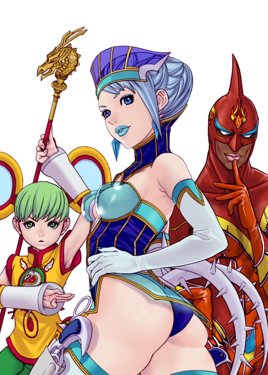 10s 1boy 2girls ass bad_id bad_pixiv_id bare_shoulders blue_eyes blue_hair blue_rose_(tiger_&amp;_bunny) boots breasts cape chinese_clothes cleavage dark_skin detached_sleeves dragon_kid earrings elbow_gloves fire_emblem_(tiger_&amp;_bunny) gloves green_eyes green_hair hat highres huang_baoling jewelry karina_lyle lipstick makeup mask multiple_girls nathan_seymour see-through_clothes short_hair spandex staff superhero_costume thigh_boots thighhighs tiger_&amp;_bunny v-room
