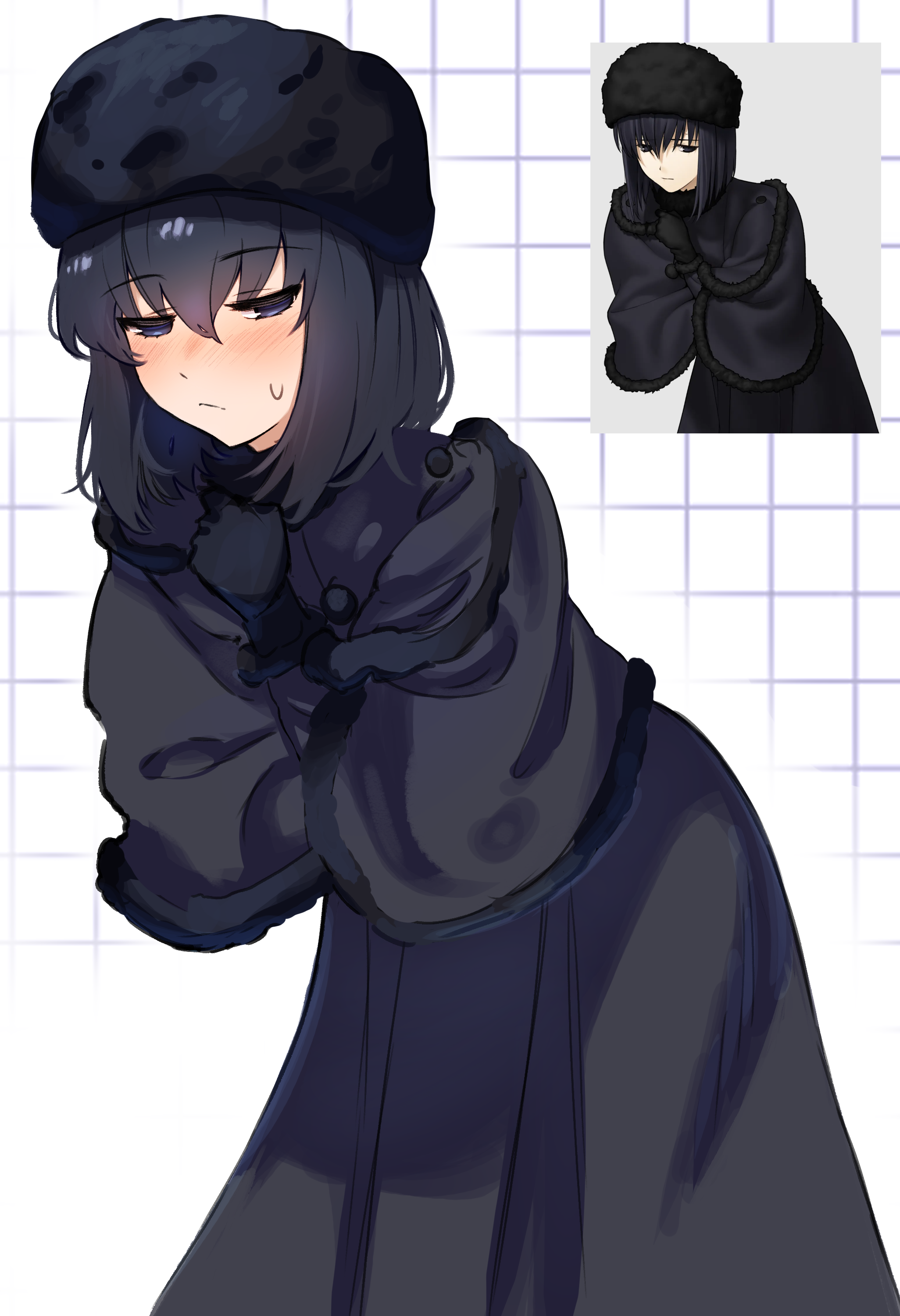 1girl absurdres black_capelet black_dress black_eyes black_hair black_hat blush capelet closed_mouth dress fur-trimmed_capelet fur_hat fur_trim game_screenshot_inset hair_between_eyes half-closed_eyes hat highres kuonji_alice looking_at_viewer mahou_tsukai_no_yoru short_hair solo sweatdrop vinsycal