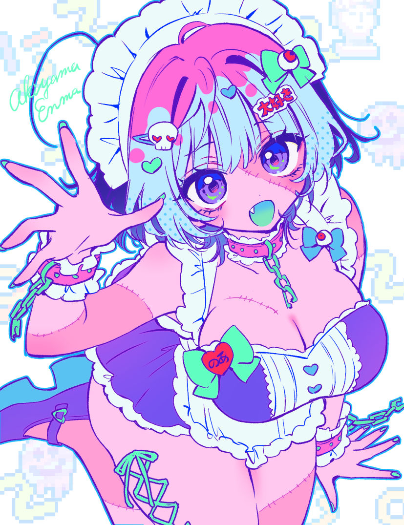 1girl :d ahoge akiyama_enma apron artist_name blue_hair breasts broken broken_chain chain cleavage colored_mouth colored_skin commentary corset_piercing dress eyeball_hair_ornament fang frilled_apron frills hair_intakes hair_ornament hairclip heart heart_hair_ornament knees_out_of_frame large_breasts looking_at_viewer maid maid_headdress making-of_available multicolored_hair noa-senpai_wa_tomodachi. open_mouth pink_hair pink_skin pixelated purple_dress purple_eyes purple_footwear saotome_noa short_dress short_hair signature skull_hair_ornament sleeveless sleeveless_dress smile solo stitched_arm stitched_face stitched_leg stitched_torso stitches white_apron white_background zombie