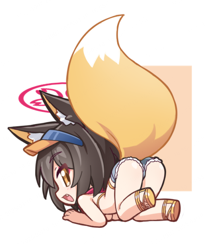 1girl :d animal_ear_fluff animal_ears ass bikini blue_archive blush breasts brown_hair chibi chibi_only commentary denim denim_shorts fox_ears fox_girl fox_tail from_behind full_body halo happy izuna_(blue_archive) izuna_(swimsuit)_(blue_archive) light_blush looking_at_viewer looking_back medium_hair needle_(574187457) official_alternate_costume open_mouth pink_halo pink_scarf profile sandals scarf short_shorts shorts simple_background smile solo swimsuit tail tail_raised top-down_bottom-up underboob visor_cap white_background yellow_eyes yellow_sandals