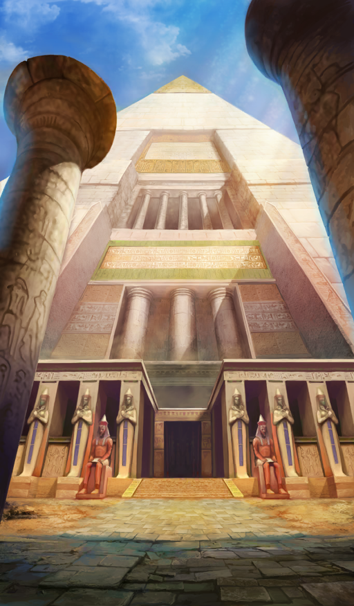 ancient_egyptian_architecture architecture blue_sky commentary day fate/grand_order fate_(series) lasengle light_rays no_humans official_art outdoors pyramid_(structure) sky still_life sunbeam sunlight third-party_source