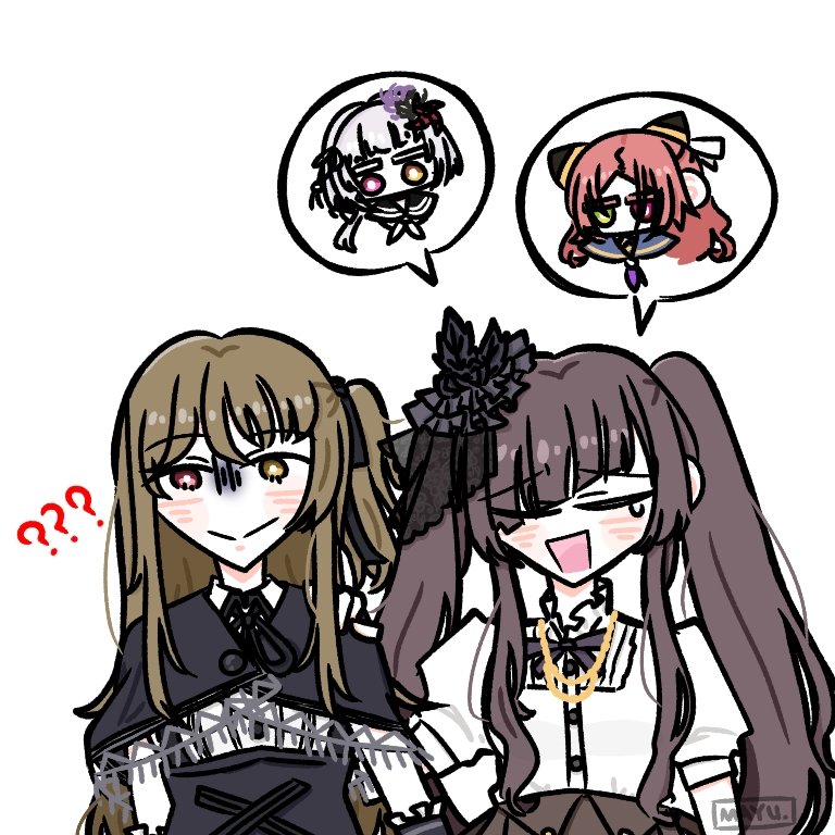 4girls :&gt; ? ?? arm_at_side arms_at_sides artist_name assault_lily black_capelet black_flower black_hairband black_ribbon black_sailor_collar blue_sailor_collar blush bow bow_hairband bright_pupils brown_skirt capelet chibi closed_eyes closed_mouth collared_shirt commentary detached_sleeves diagonal_bangs eye_color_connection flower frilled_sleeves frills green_eyes grey_hair hair_bow hair_flower hair_ornament hair_over_one_eye hair_ribbon hairband hairpods hand_on_another&#039;s_shoulder hand_up heterochromia high-waist_skirt kamigoori_marimo kuo_shenlin looking_at_viewer low_ponytail mayu_(yu_e1602) multiple_girls neck_ribbon neckerchief no_mouth odaiba_girls_high_school_uniform one_side_up open_mouth pink_eyes ponytail puffy_short_sleeves puffy_sleeves purple_flower purple_neckerchief raised_eyebrows red_eyes red_hair ribbon sailor_collar school_uniform shiba_tomoshibi shirt short_sleeves side-by-side sidelocks simple_background single_tear skirt smile speech_bubble spoken_character suspender_skirt suspenders turn_pale twintails upper_body white_background white_neckerchief white_pupils white_shirt yamaguchi_chihiro_(assault_lily) yellow_eyes yurigaoka_girls_academy_school_uniform