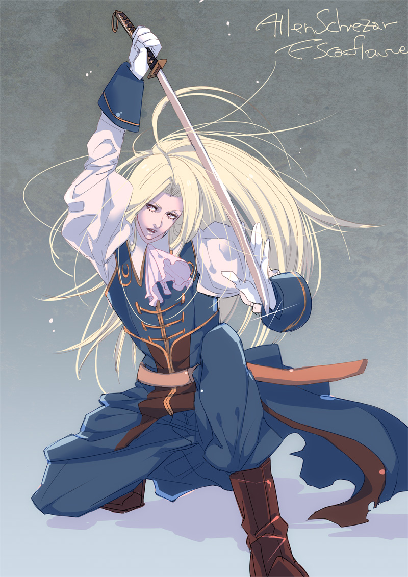 1990s_(style) 1boy allen_schezar ascot bad_id bad_pixiv_id bishounen blonde_hair character_name copyright_name full_body gloves grey_background lamb_end long_hair male_focus pants puffy_sleeves retro_artstyle sketch solo squatting sword tenkuu_no_escaflowne weapon