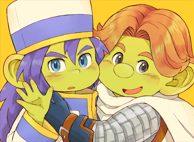 2boys aqua_gloves armor blue_eyes blue_hair blue_trim cape character_request cheek-to-cheek colored_skin commentary_request dragon_quest dragon_quest_x duura_(dq10) gloves green_skin grey_eyes hat heads_together hijirino_yuuta hug large_ears long_hair looking_at_viewer male_focus multiple_boys open_mouth orange_hair parted_hair robe smile upper_body waving white_cape white_robe yellow_background yellow_trim