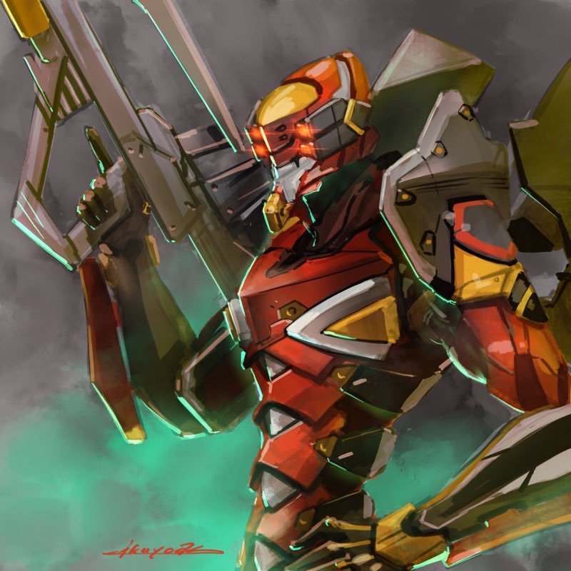 armor assault_rifle eva_02 evangelion_(mecha) extra_eyes glowing glowing_eyes green_background grey_background gun hand_on_own_hip holding holding_weapon huge_weapon ikuyoan mecha mecha_focus neon_genesis_evangelion no_humans orange_eyes red_armor rifle robot signature smoke super_robot twitter_username two-tone_background upper_body weapon