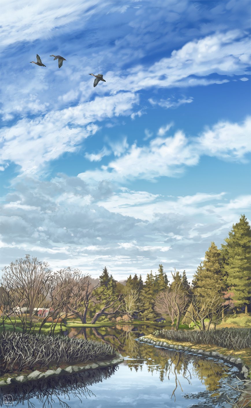 bare_tree bird blue_sky cloud commentary_request day forest goose highres kosian nature no_humans original outdoors reflection reflective_water river rock scenery sky town tree