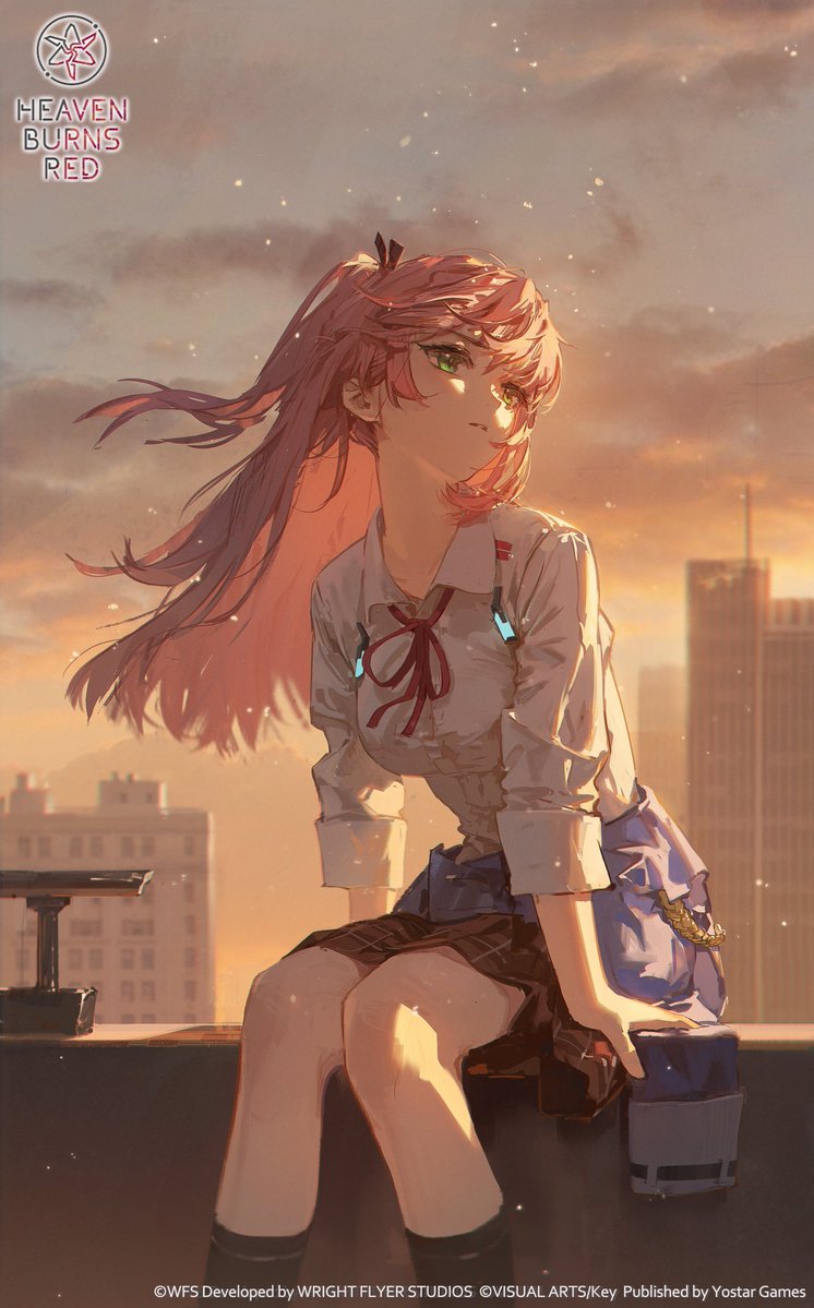 1girl black_socks blue_jacket character_request cityscape closed_mouth clothes_around_waist dino_(dinoartforame) green_eyes hair_ribbon heaven_burns_red jacket jacket_around_waist long_hair looking_to_the_side official_art pink_hair plaid_clothes plaid_skirt ponytail red_ribbon red_skirt ribbon shirt skirt sleeves_rolled_up socks solo white_shirt