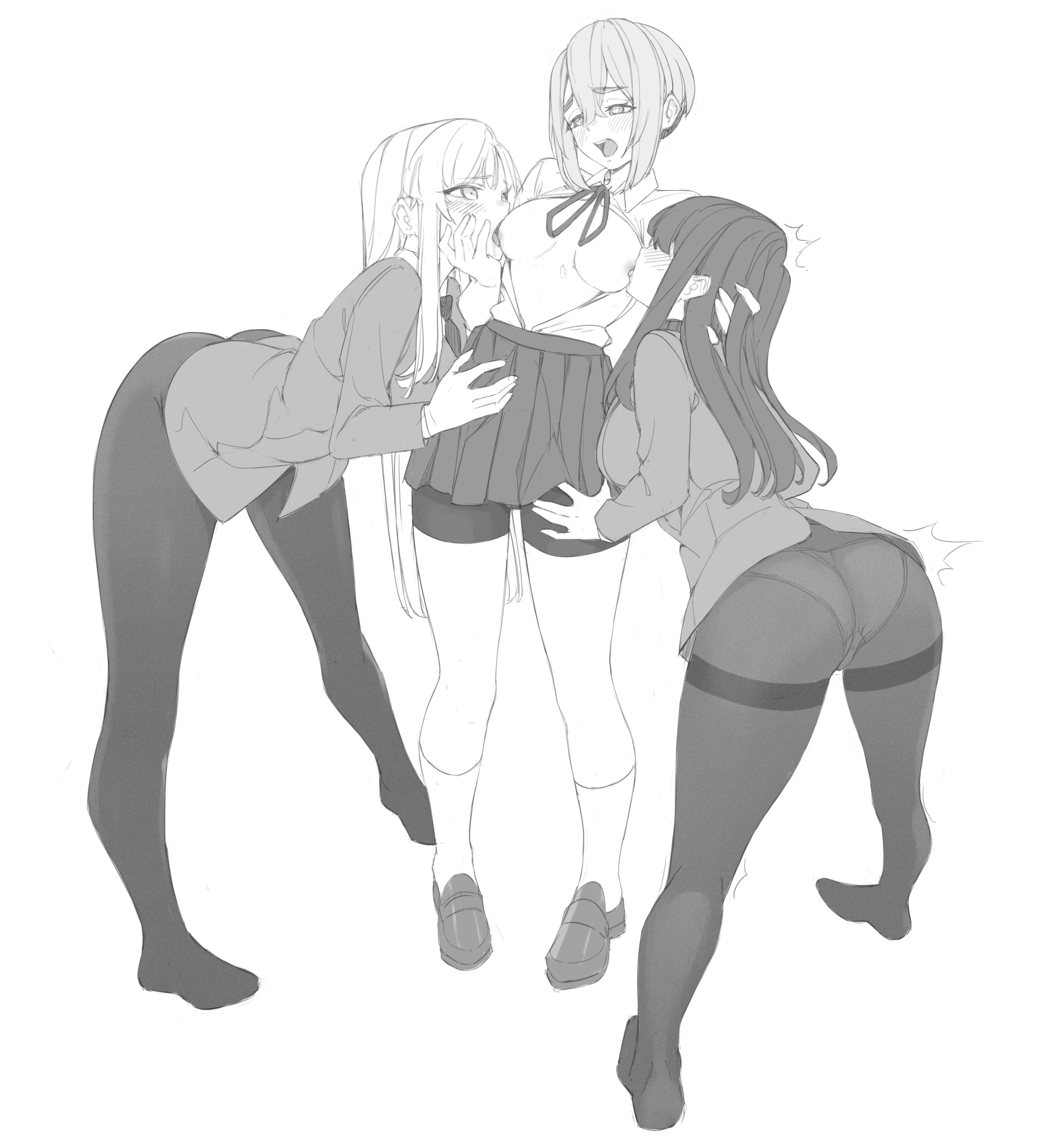 3girls absurdres ass blush breast_sucking breasts breasts_out eiai_nano full_body greyscale hand_on_another's_head hand_on_another's_lap hand_on_another's_thigh highres hornfelstone kakure_meme kimi_no_koto_ga_dai_dai_dai_dai_daisuki_na_100-nin_no_kanojo large_breasts long_hair medium_breasts monochrome multiple_girls panties panties_visible_through_clothes pantyhose shorts shorts_under_skirt simple_background skirt spread_legs sutou_iku thick_thighs thighhighs thighs underwear white_background yuri