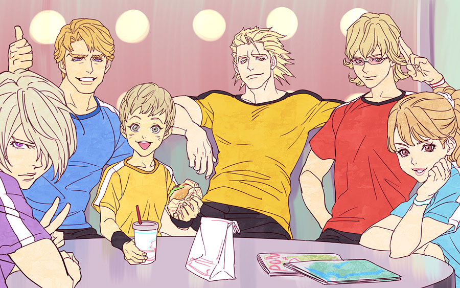 10s 2girls 4boys barnaby_brooks_jr. blonde_hair casual food burger huang_pao-lin ivan_karelin karina_lyle keith_goodman mamemo_(daifuku_mame) multiple_boys multiple_girls ryan_goldsmith salute shirt t-shirt tiger_&amp;_bunny
