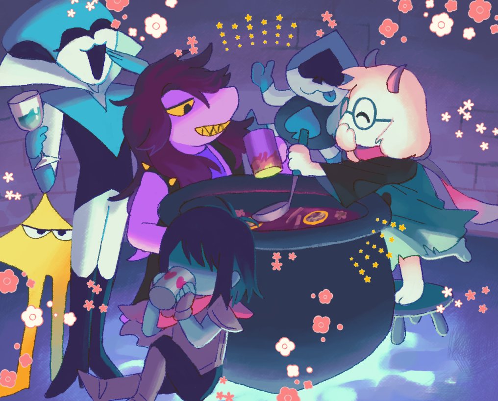 1other 2boys 2girls beryllium_game black_boots blue_skin boots cauldron colored_sclera colored_skin colored_teeth commentary_request cup deltarune drinking holding holding_cup holding_ladle kris_(dark_world)_(deltarune) kris_(deltarune) ladle lancer_(deltarune) laughing long_hair multiple_boys multiple_girls on_stool open_mouth purple_hair purple_skin queen_(deltarune) ralsei sharp_teeth short_hair susie_(dark_world)_(deltarune) susie_(deltarune) teeth the_original_starwalker yellow_sclera yellow_teeth