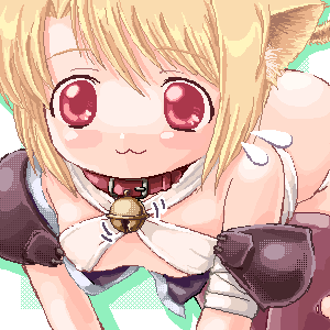 1girl 2000s_(style) :3 all_fours animal_collar animal_ears armor assassin_(ragnarok_online) badbullet bell blonde_hair bra breasts brown_thighhighs cat_ears cat_girl cat_tail closed_mouth collar cowboy_shot flying_sweatdrops green_background jingle_bell looking_at_viewer lowres medium_breasts neck_bell panties pauldrons ragnarok_online red_eyes short_hair shoulder_armor smile solo tail thighhighs underwear white_bra white_panties