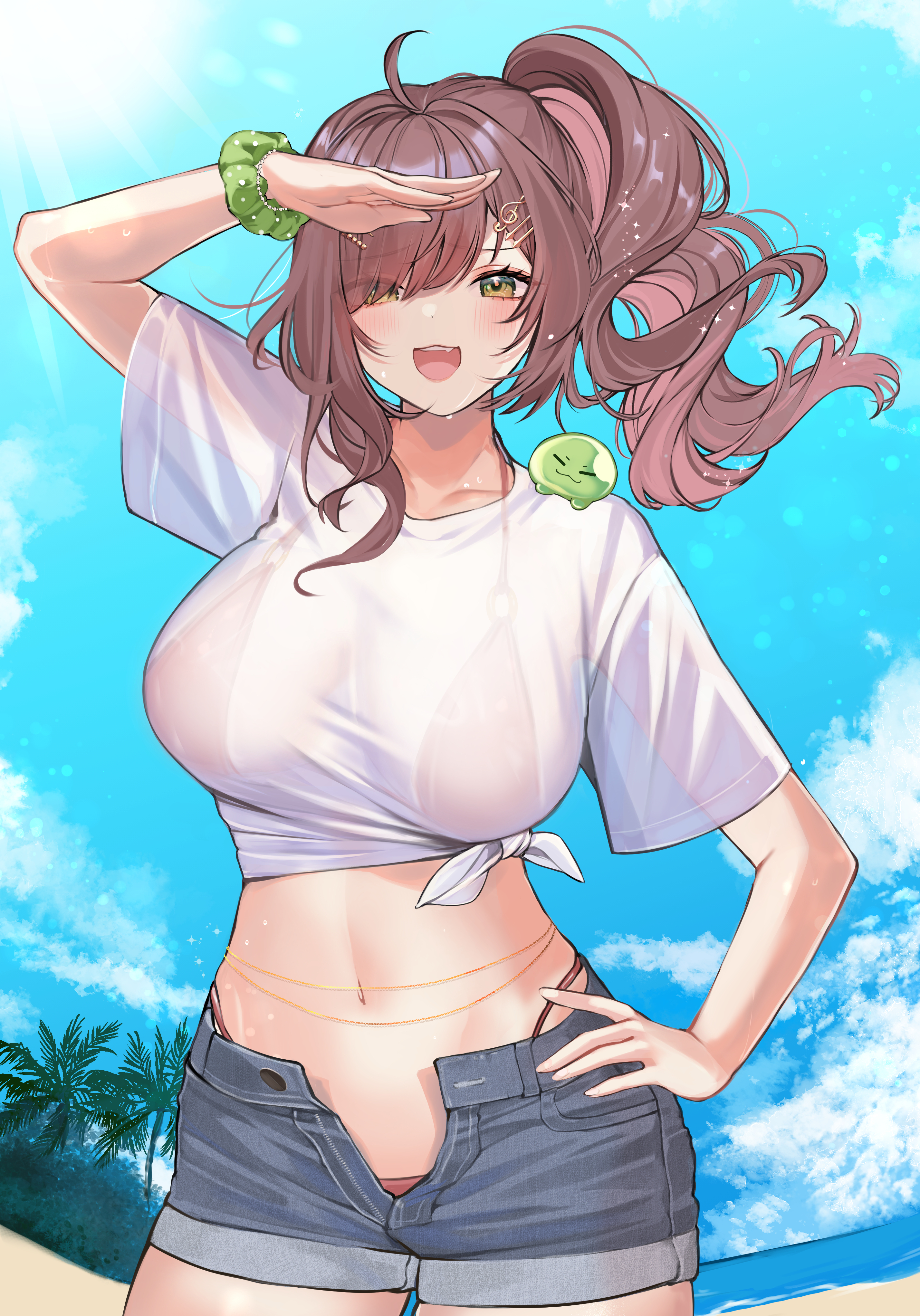 1girl a888_n22 absurdres ahoge arm_up beach bikini blue_sky blush breasts brown_hair cowboy_shot day denim denim_shorts drill_hair eyes_visible_through_hair fang fisheye furrowed_brow green_eyes hair_ornament hairclip hand_on_own_hip highres horizon indie_virtual_youtuber large_breasts long_hair looking_at_viewer lowleg lowleg_bikini midriff miori_celesta mogu_(miori_celesta) multicolored_hair navel open_clothes open_fly open_mouth open_shorts outdoors parted_bangs red_bikini red_hair scrunchie see-through_clothes see-through_shirt shirt short_shorts short_sleeves shorts side_drill sky slime_(creature) smile solo stomach sweat swimsuit swimsuit_under_clothes tied_shirt two-tone_hair unaligned_breasts unbuttoned virtual_youtuber white_shirt wrist_scrunchie