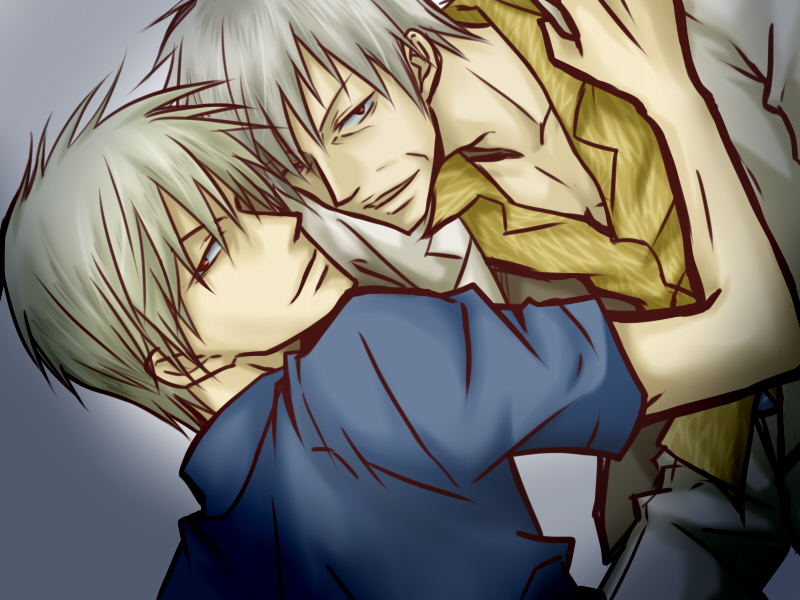 2boys akagi akagi:_yami_ni_oritatta_tensai akagi_shigeru dual_persona fukumoto_mahjong male_focus motoki_aki multiple_boys naoya_(pixiv) red_eyes selfcest silver_hair