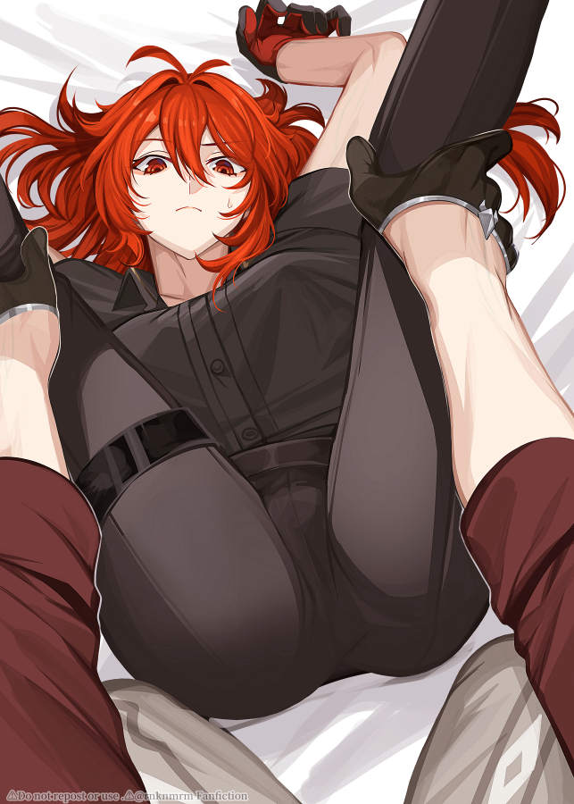 2boys black_gloves black_shirt brown_pants bulge closed_mouth diluc_(genshin_impact) genshin_impact gloves hair_between_eyes hiki_yuichi long_hair male_focus multiple_boys pants red_eyes red_gloves red_hair red_shirt shirt spread_legs tartaglia_(genshin_impact) yaoi