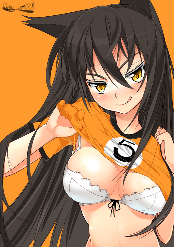1girl animal_ears bad_id bad_pixiv_id black_hair blush bra breasts cat_ears char cleavage clothes_lift female_focus large_breasts lingerie long_hair naughty_face original shirt_lift solo tongue underwear yellow_eyes