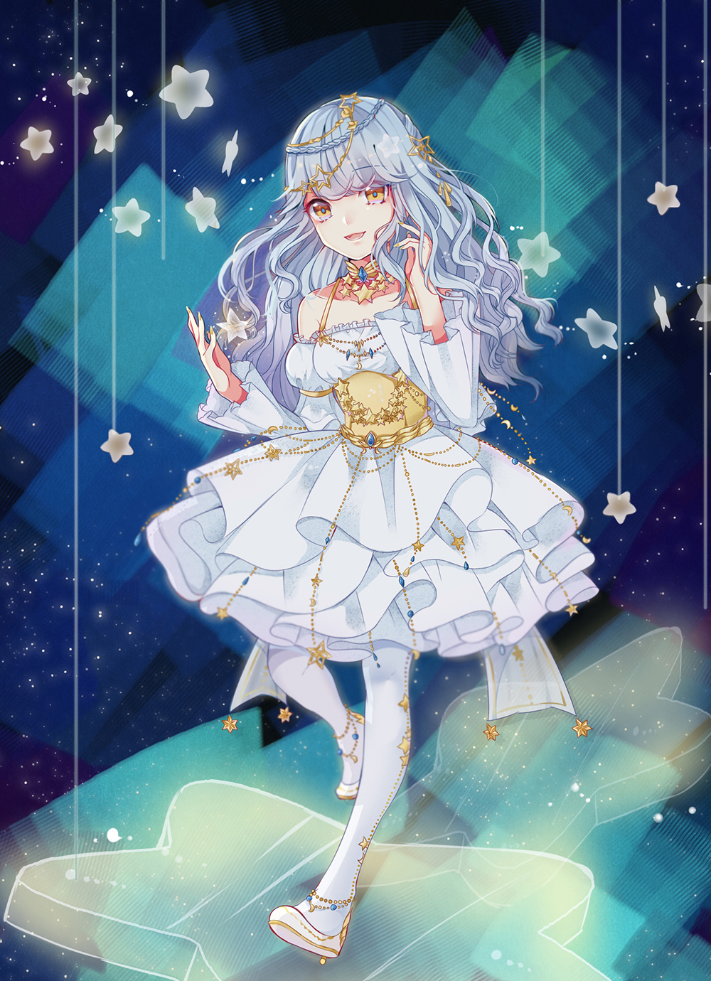 1girl back_bow bare_shoulders blue_dress blue_hair blue_pantyhose blunt_bangs bow chinese_commentary circlet commentary_request dress frilled_dress frilled_sleeves frills full_body hair_ornament hand_in_own_hair happy highres jewelry juliet_sleeves leg_up light_particles long_hair long_sleeves lower_teeth_only medium_dress melody_of_stars_(miracle_nikki) miracle_nikki necklace nikki_(series) object_floating_above_hand off-shoulder_dress off_shoulder open_mouth pantyhose partial_commentary puffy_sleeves shoes smile solo space standing star_(symbol) star_hair_ornament star_necklace star_print teeth wavy_hair white_bow white_shoes yellow_corset yellow_eyes youzi_xia