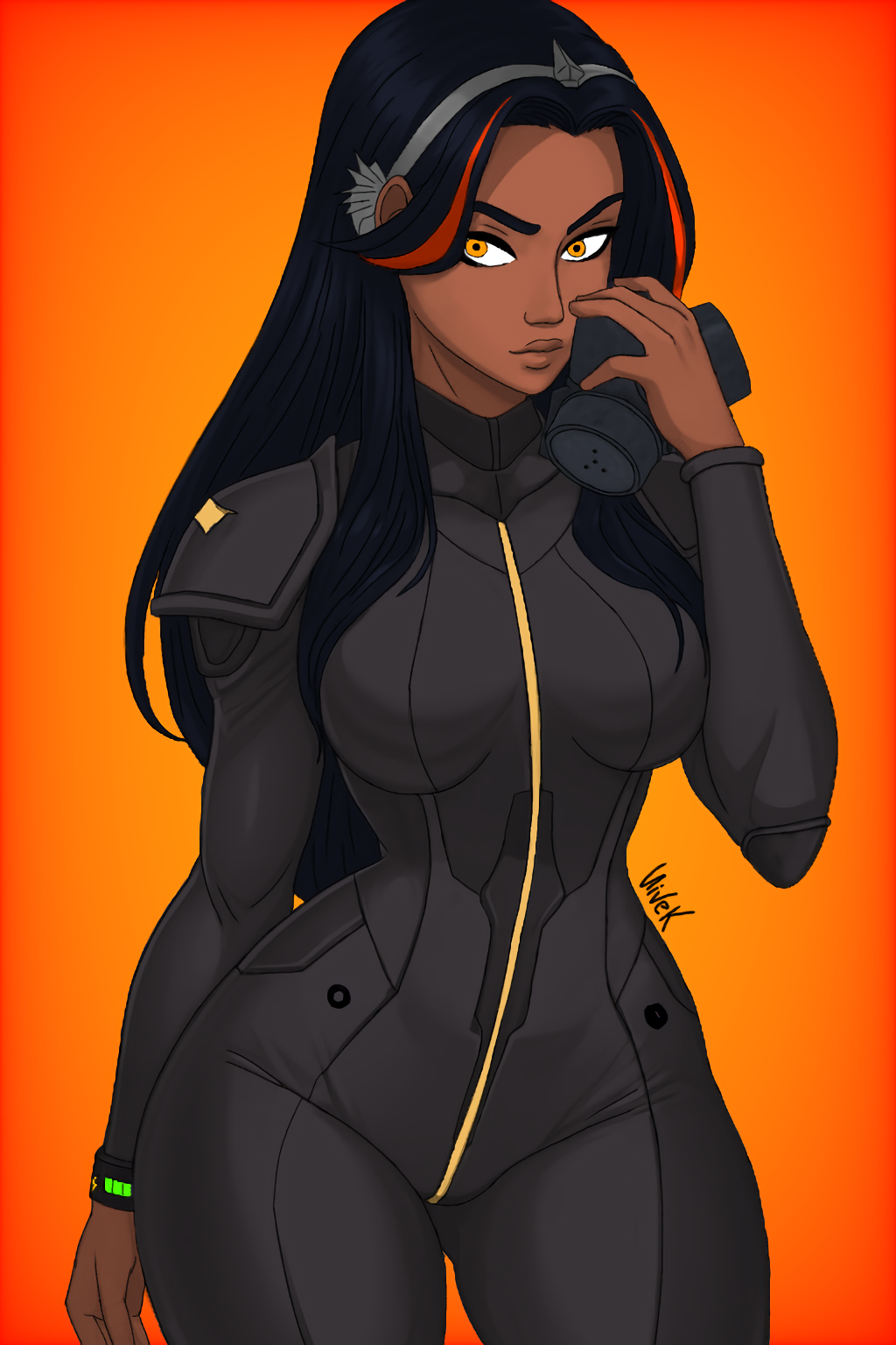 1girl black_bodysuit black_hair bodysuit bracelet breasts cowboy_shot curvy dark_skin doll_(kevio_nivek) elbow_pads energy highres jewelry lips long_hair looking_at_viewer mask mecha_pilot_suit medium_breasts mouth_mask multicolored_hair narrow_waist neon_trim non-web_source orange_background orange_eyes original parted_hair plugsuit self-upload shoulder_pads signature simple_background solo standing streaked_hair thick_lips tiara two-tone_hair unworn_mask very_dark_skin wide_hips