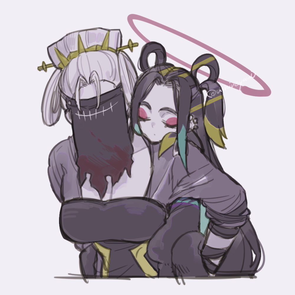 1boy 1girl black_hair black_jacket breasts carrying cleavage closed_eyes dress eyeliner fate/grand_order fate_(series) green_hair hair_rings jacket kuli_(fate) long_hair makeup parted_bangs piggyback purple_dress sleeping smile taisui_xingjun_(fate) ushinoyavi veil white_hair