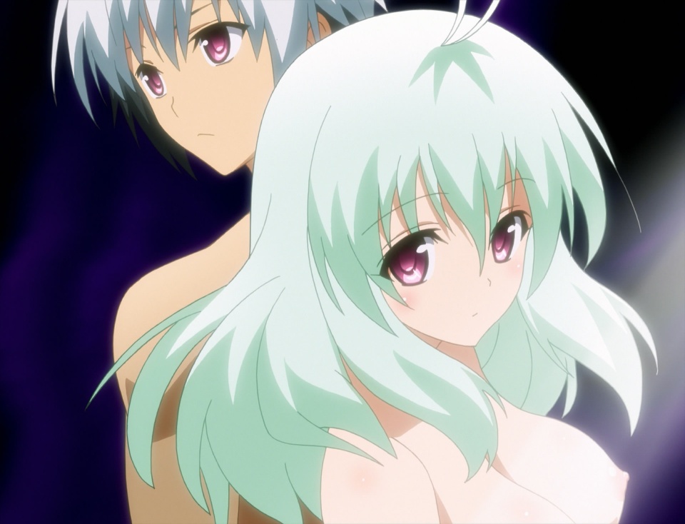 1boy 1girl breasts green_hair large_breasts medium_breasts nipples nude purple_eyes ren_elsie_jewelria run_elsie_jewelria screencap to_love-ru