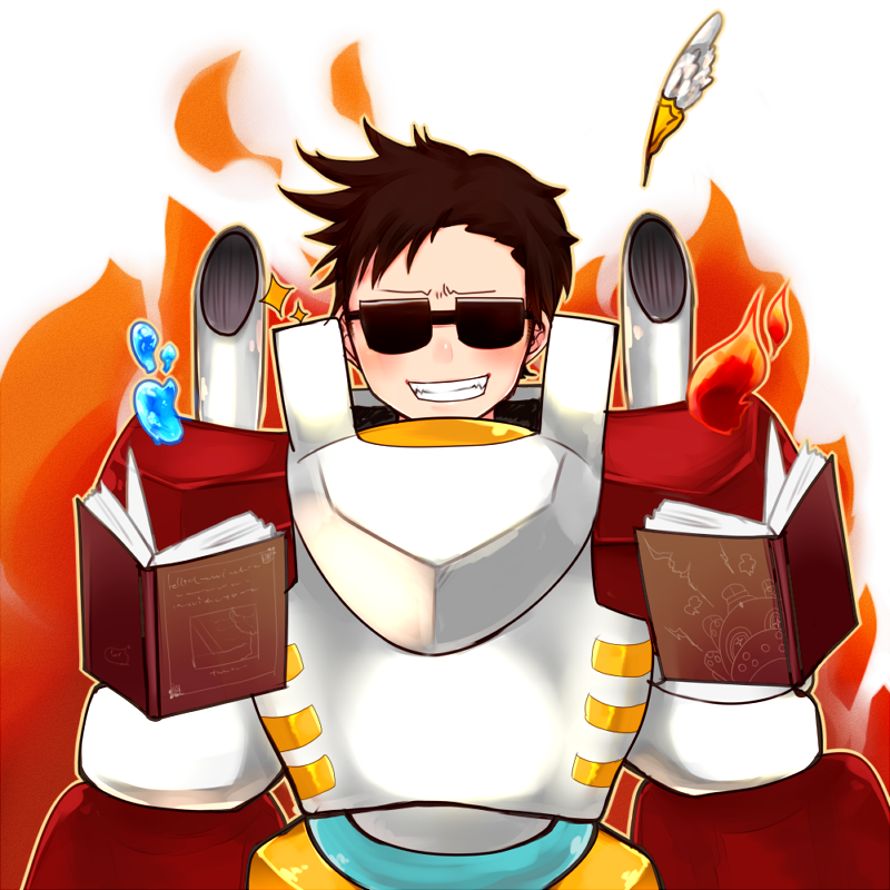 1boy book brown_hair commentary_request fire grin looking_at_viewer male_focus mecha mechanic_(ragnarok_online) open_book quill ragnarok_online robot shirokuro_(erisnoa) short_bangs short_hair smile solo sparkle sunglasses upper_body
