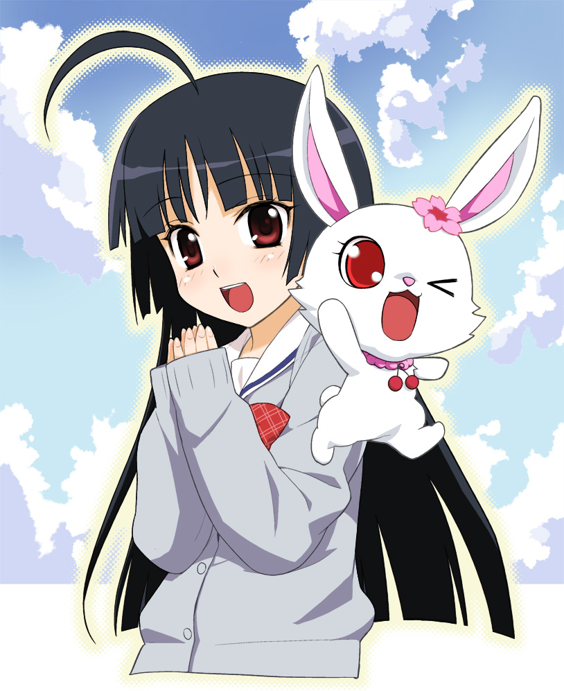 1girl ahoge black_hair cardigan cloud commentary_request jewelpet_(creature) jewelpet_(series) jewelpet_sunshine looking_at_viewer mizushiro_kanon open_mouth own_hands_together red_eyes ruby_(jewelpet) sky smile upper_body yaya_hinata