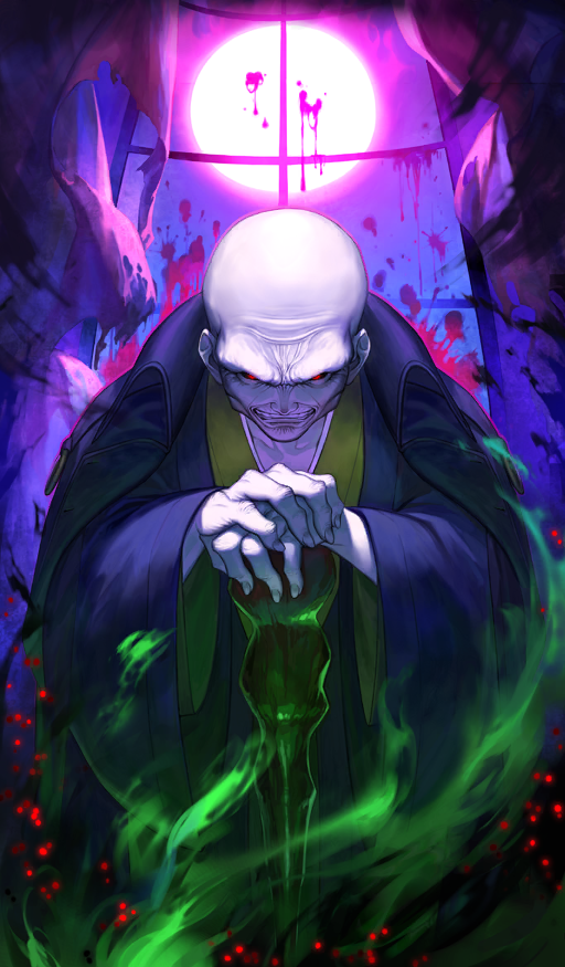 1boy azusa_(hws) bald black_jacket black_kimono black_sclera colored_sclera commentary fate/grand_order fate/stay_night fate_(series) full_moon green_kimono hand_on_cane jacket japanese_clothes kimono looking_at_viewer magic male_focus matou_zouken moon night no_eyebrows official_art old old_man pale_skin red_eyes sneer solo splatter teeth third-party_source upper_body wide_sleeves window wrinkled_skin