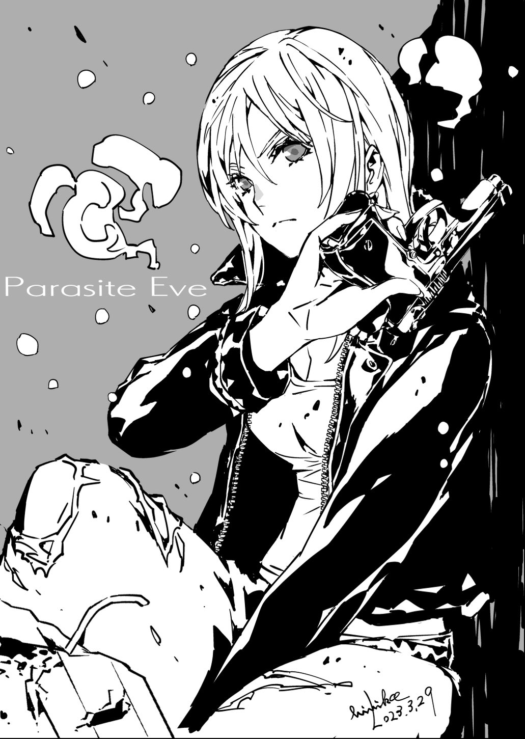 1girl aya_brea breasts cleavage closed_mouth dated denim greyscale gun handgun highres himiko_(326ontheweb) holding holding_gun holding_weapon jacket jeans long_hair looking_at_viewer medium_breasts monochrome pants parasite_eve_(series) parasite_eve_i solo torn_clothes torn_jeans torn_pants weapon