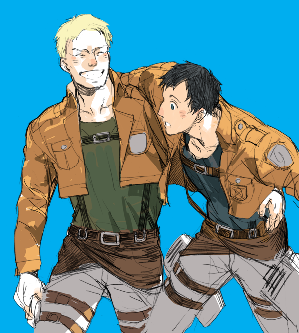 2boys arm_around_shoulder bertolt_hoover blue_background blush cropped_jacket grin happy laughing leg_belt male_focus multiple_boys pants prema-ja reiner_braun shingeki_no_kyojin short_hair smile unfinished white_pants