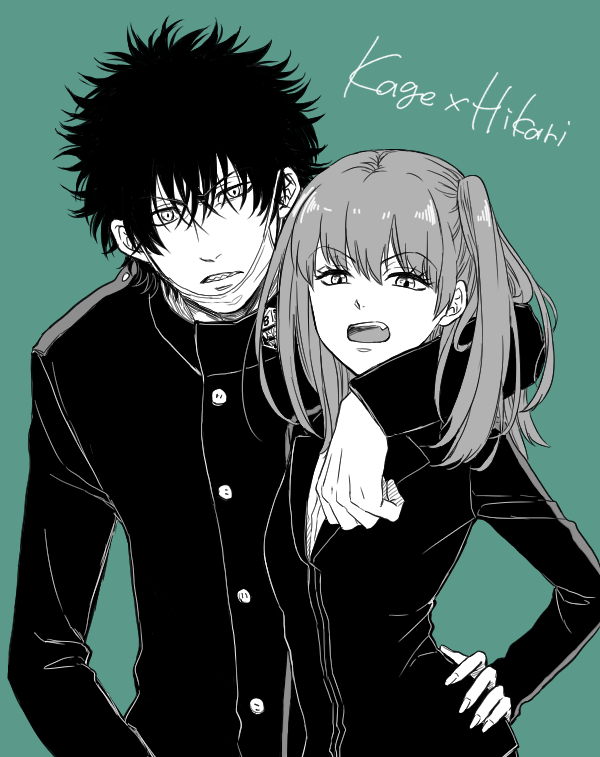10s 1boy 1girl bad_id bad_pixiv_id black_hair green_theme kageura_masato long_hair mask monochrome mouth_mask nire_hikari sharp_teeth side_ponytail surgical_mask teeth ueno_(heartbreakman) world_trigger