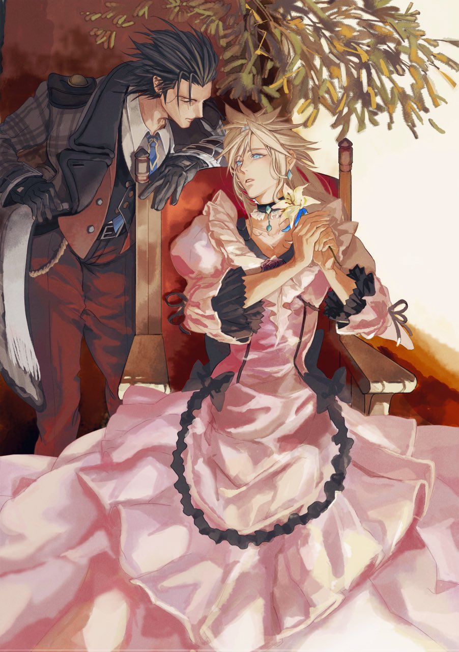 2b_fff 2boys belt_buckle black_gloves black_hair black_vest blonde_hair blue_eyes blue_necktie brown_pants buckle closed_mouth cloud_strife cloud_strife_(ball_gown) coat collared_shirt crossdressing dress earrings final_fantasy final_fantasy_vii final_fantasy_vii_ever_crisis final_fantasy_vii_remake flower frilled_dress frills gloves hair_between_eyes hair_slicked_back highres holding holding_flower jewelry juliet_sleeves lily_(flower) long_dress long_hair long_sleeves male_focus medium_hair multiple_boys necktie official_alternate_costume own_hands_together pants parted_lips pendant_choker pink_dress plaid_clothes plaid_coat puffy_sleeves shirt sitting spiked_hair vest waistcoat white_shirt yaoi yellow_flower zack_fair zack_fair_(holiday_suit)
