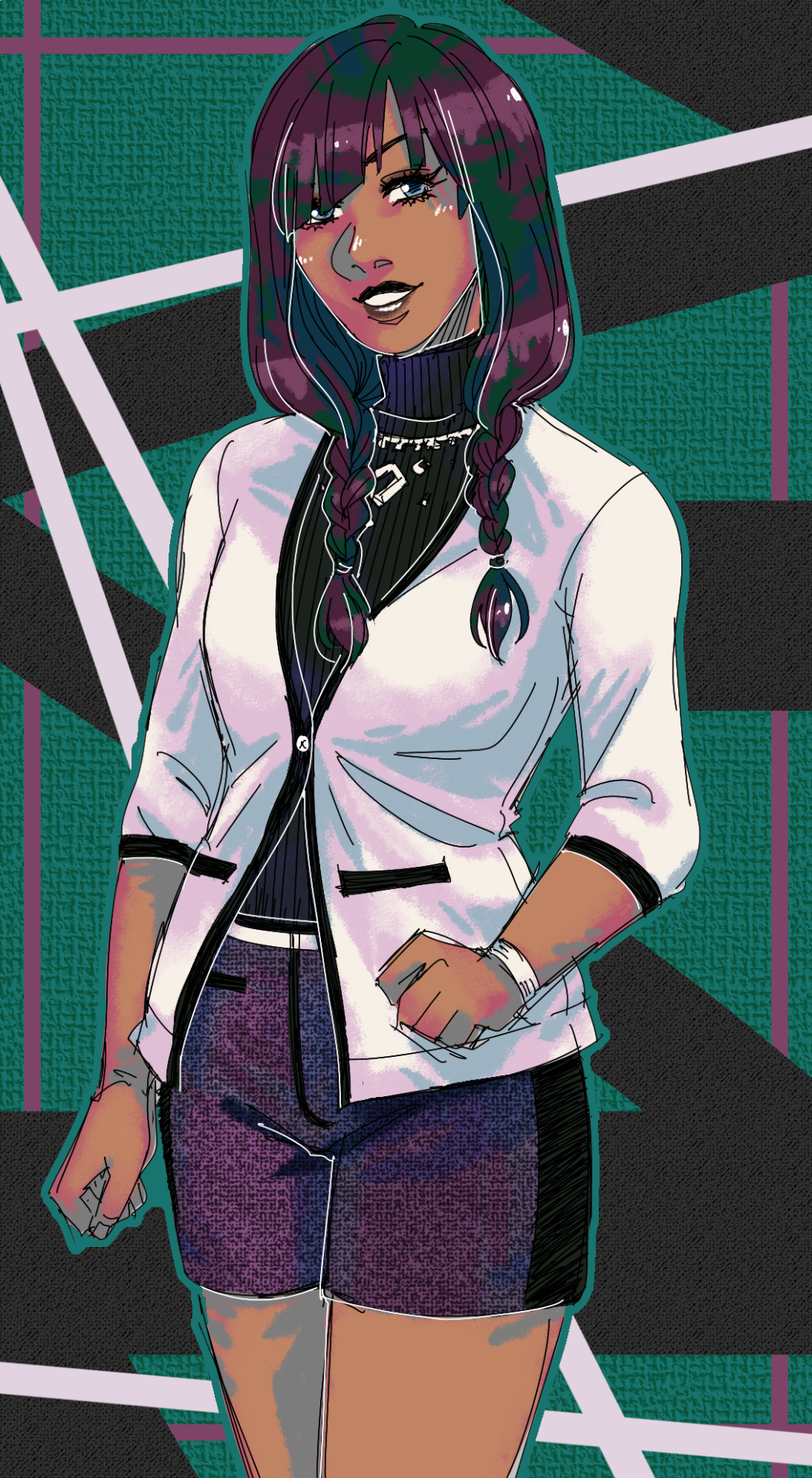 1girl akolnoix alternate_costume aomurasaki_tsukiko belt black_hair black_lips blazer bracelet braid buttons cowboy_shot dark-skinned_female dark_skin diagonal_bangs eyelashes fashion female_focus geometric_pattern girls_mode girls_mode_4:_star_stylist green_background grin highres jacket jewelry long_hair looking_at_viewer necklace nintendo office_lady pocket portrait purple_hair shorts slanted_bangs smile solo standing sweater turtleneck turtleneck_sweater twin_braids upper_body