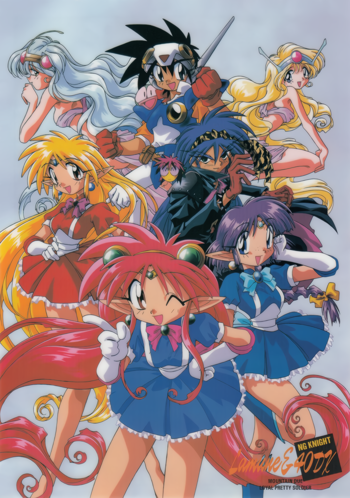 1990s_(style) 2boys 5girls arara_cocoa arara_milk armor baba_lamune black_eyes black_hair blonde_hair blue_dress blue_eyes bracelet braid braided_ponytail brooch brown_eyes clenched_hands da_cider dress earrings elbow_gloves gloves gold_mountain grey_background hand_on_own_hip headdress headgear heavy_meta-ko index_finger_raised jewelry leaning_forward leska_(arara_cafe_au_lait) long_hair long_pointy_ears long_sleeves looking_at_viewer magical_girl multiple_boys multiple_girls ng_knight_lamune_&amp;_40 official_art one_eye_closed open_mouth pointy_ears purple_hair queen_cideron red_dress red_gloves red_hair retro_artstyle short_dress short_sleeves silver_hair silver_mountain simple_background single_braid snake spiked_bracelet spikes tama-q tiara very_long_hair wavy_hair
