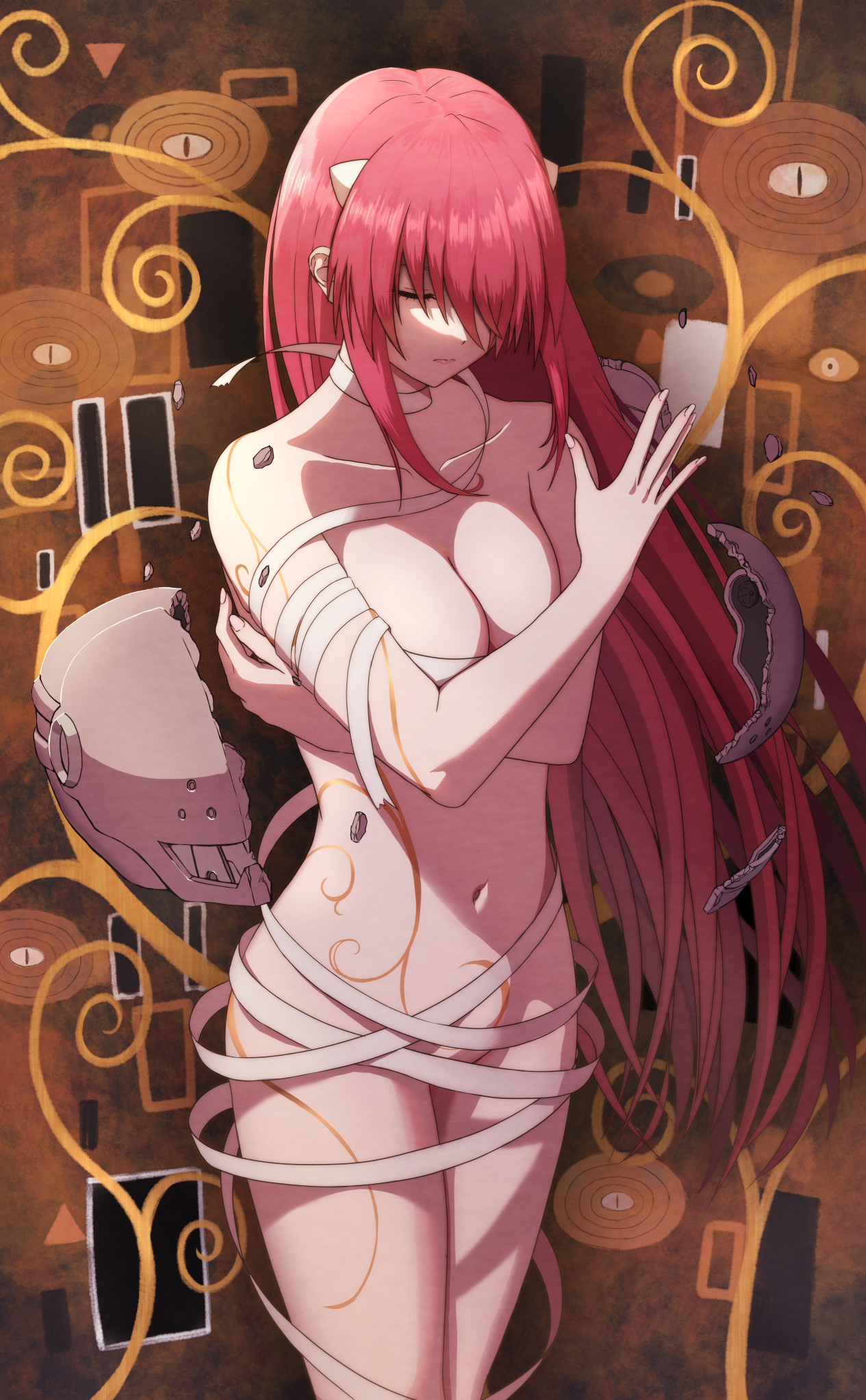 1girl arema bandaged_arm bandaged_chest bandaged_neck bandages bare_shoulders breaking breasts broken_helmet cleavage closed_eyes closed_mouth collarbone commentary_request covering_breasts covering_privates cowboy_shot crossed_arms elfen_lied expressionless gustav_klimt_(style) hair_between_eyes hair_over_one_eye helmet highres horns large_breasts legs_together long_hair loose_bandages lucy_(elfen_lied) naked_bandage navel partial_commentary red_hair sidelocks solo spiral standing swept_bangs tattoo