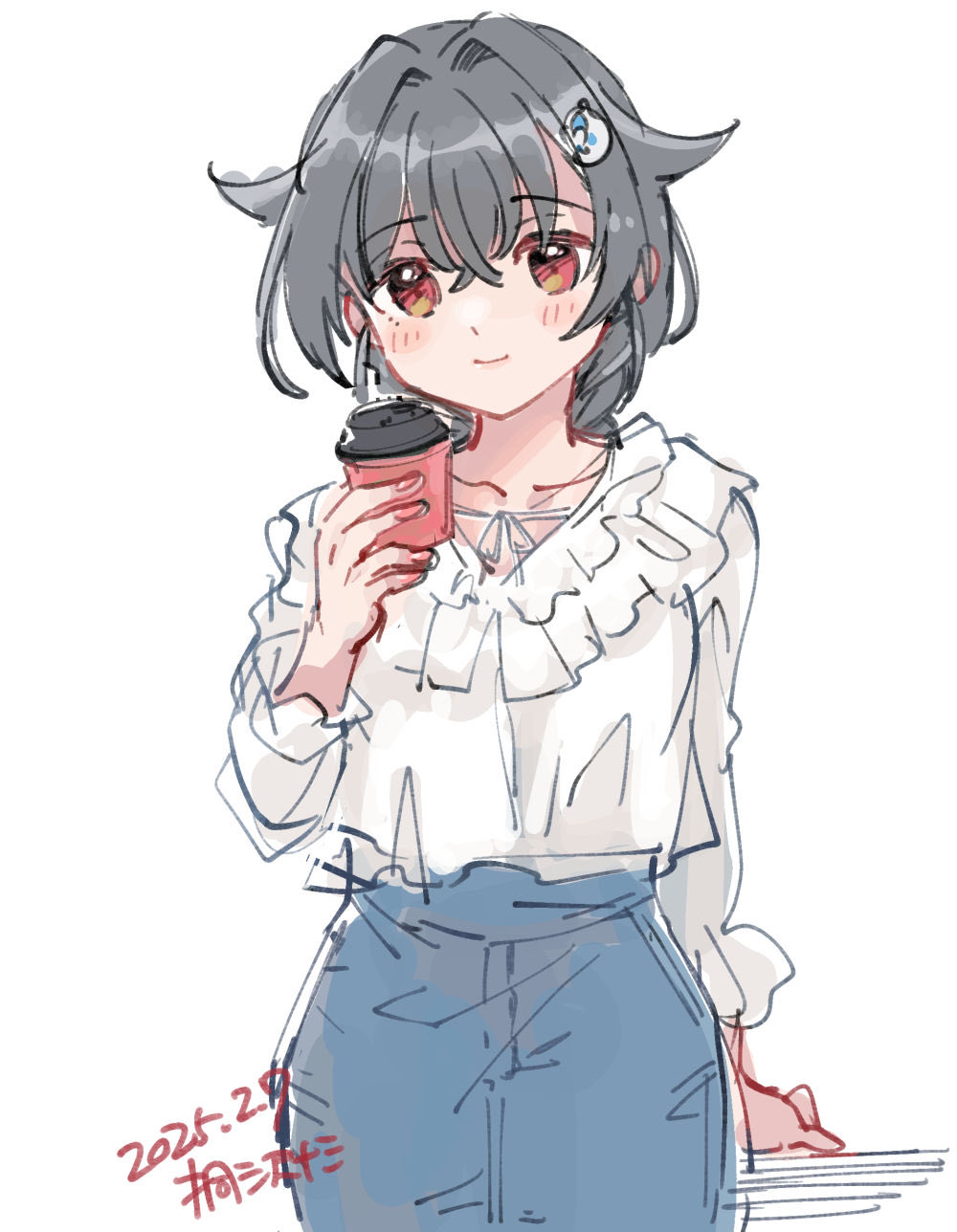 1girl artist_name black_hair braid collarbone cup dated denim denim_skirt disposable_coffee_cup disposable_cup frilled_shirt frills hair_flaps hair_ornament highres jingei_(kancolle) kantai_collection kirisawa_juuzou long_hair low_ponytail ponytail red_eyes shirt simple_background single_braid skirt solo whale_hair_ornament white_background white_shirt