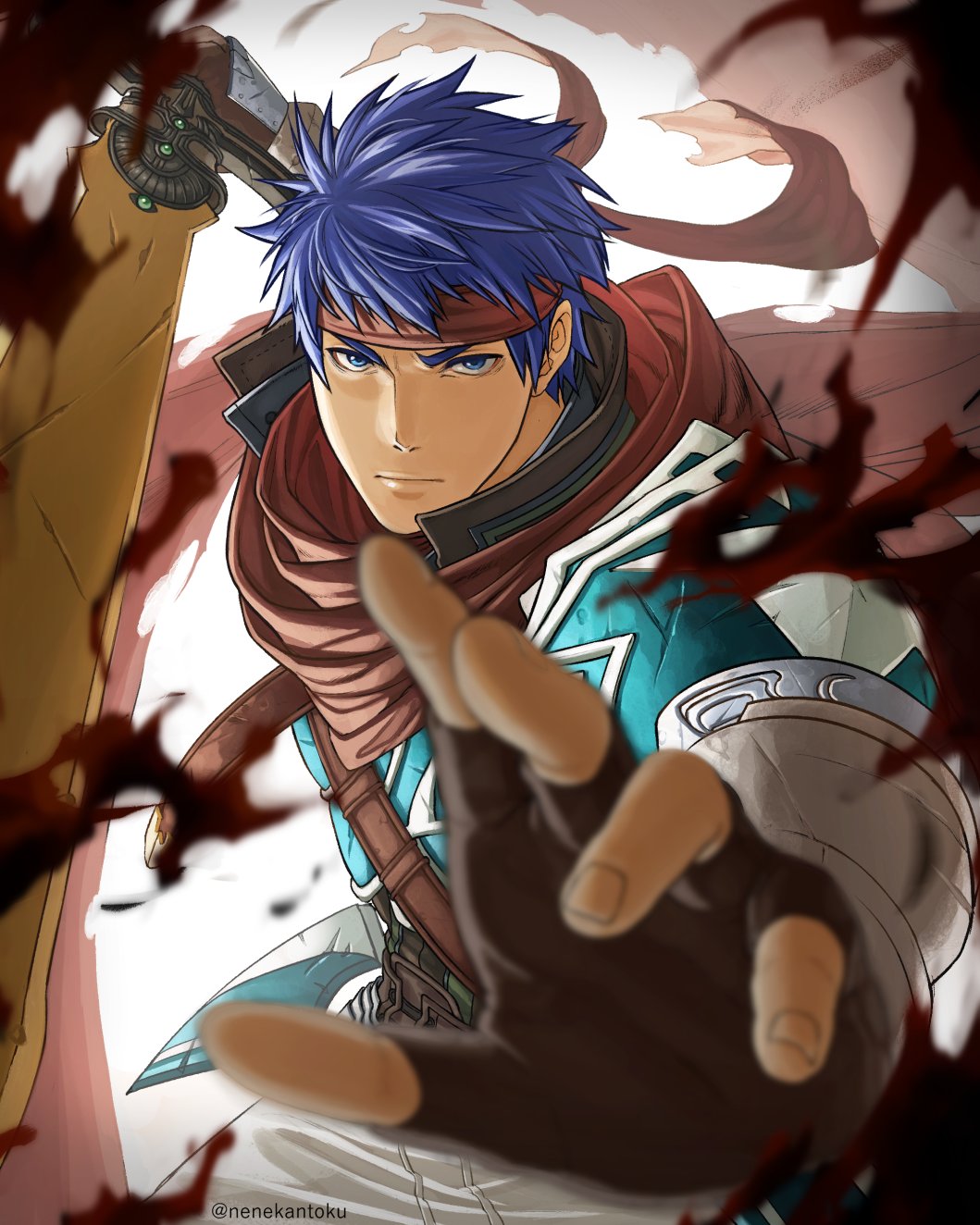 1boy armor bara blue_eyes blue_hair fingerless_gloves fire_emblem fire_emblem:_radiant_dawn fire_emblem_heroes gloves headband highres holding holding_sword holding_weapon ike_(fire_emblem) ike_(vanguard_legend)_(fire_emblem) incoming_attack looking_at_viewer male_focus nenekantoku nintendo official_alternate_costume pauldrons ragnell red_headband shoulder_armor single_pauldron sword twitter_username weapon white_background