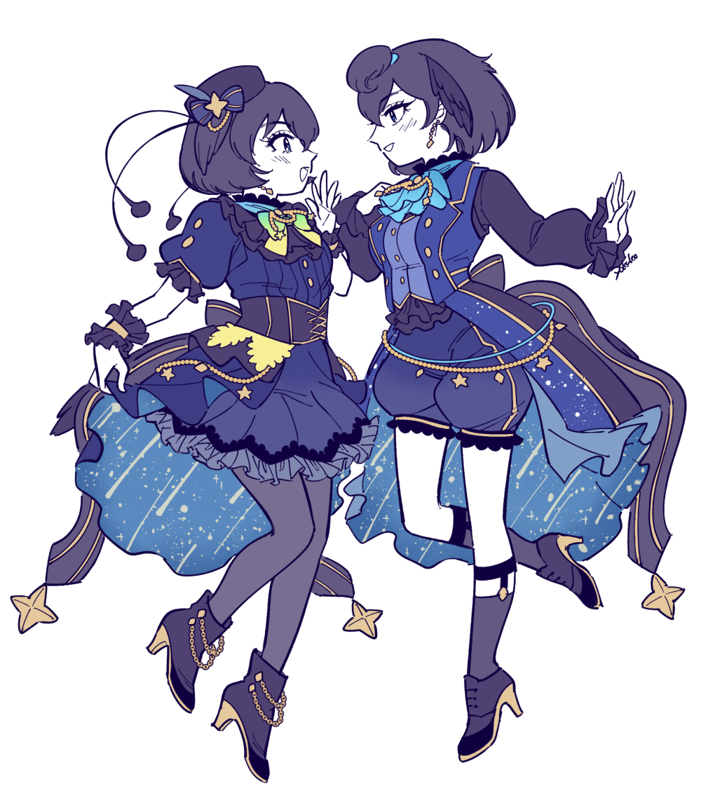 2girls antennae bird_girl bird_tail bird_wings black_eyes black_hair blue_dress blue_shorts bow bowtie dress gradient_bow head_wings high_heels kemono_friends kemono_friends_3 multicolored_bow multicolored_bowtie multiple_girls puffy_short_sleeves puffy_shorts puffy_sleeves short_hair short_sleeves shorts superb_bird-of-paradise_(kemono_friends) tail western_parotia_(kemono_friends) wings yokuko_zaza
