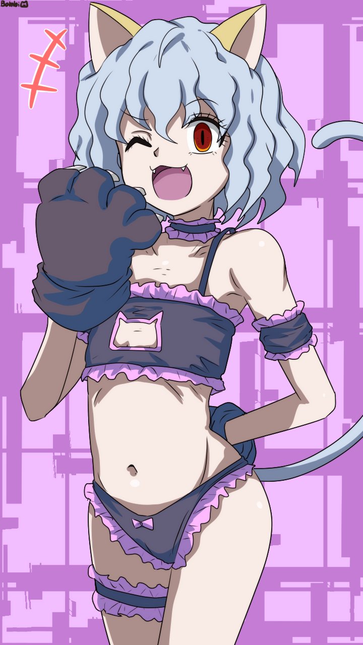 1other androgynous animal_ears animal_hands arm_strap bambi2000line black_bra black_choker bra cat_cutout cat_ears cat_lingerie cat_tail choker cleavage_cutout clothing_cutout commentary_request cosplay empty_eyes fangs flat_chest frilled_choker frilled_panties frilled_straps frills gloves grey_hair highres hunter_x_hunter medium_hair meme_attire navel neferpitou onii-chan_wa_oshimai! open_mouth other_focus oyama_mahiro oyama_mahiro_(cosplay) panties paw_gloves purple_background red_eyes skinny smile solo tail thigh_strap underwear
