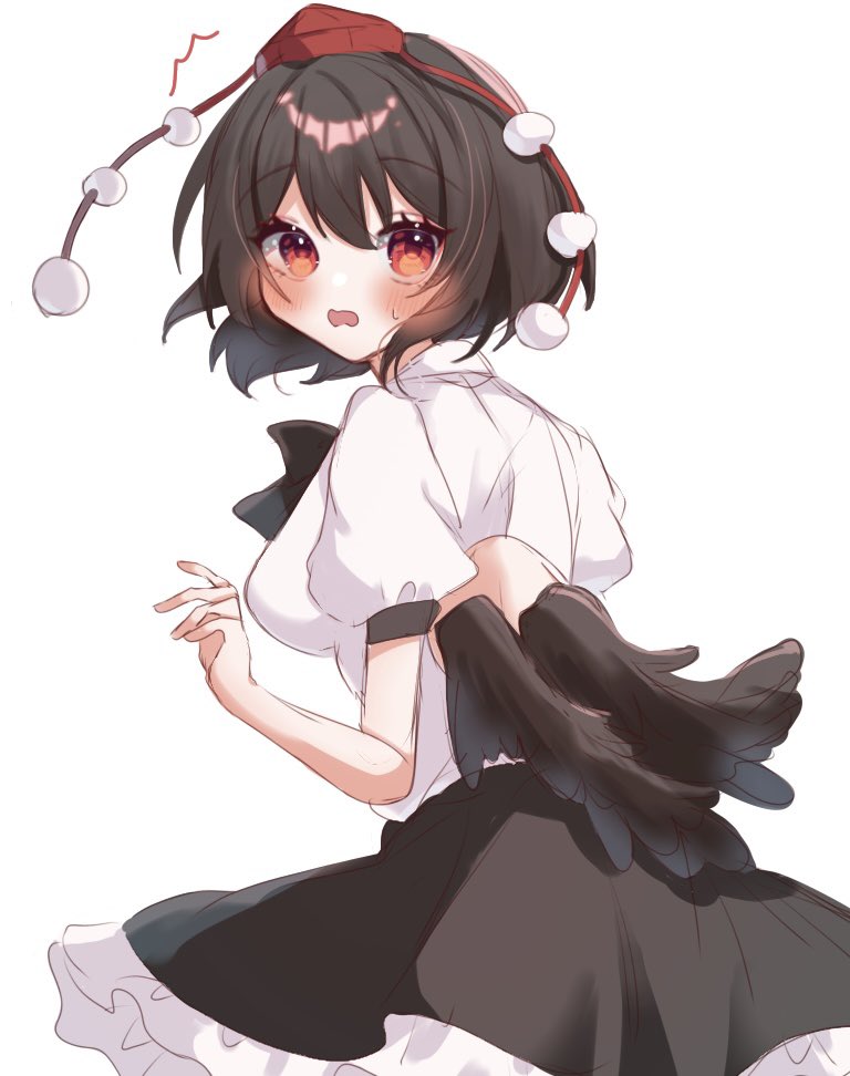 1girl bird_wings black_hair black_wings blush hat hauchiwa one-hour_drawing_challenge pom_pom_(clothes) red_eyes red_hat shameimaru_aya short_hair siomi_403 solo tengu tokin_hat touhou wings