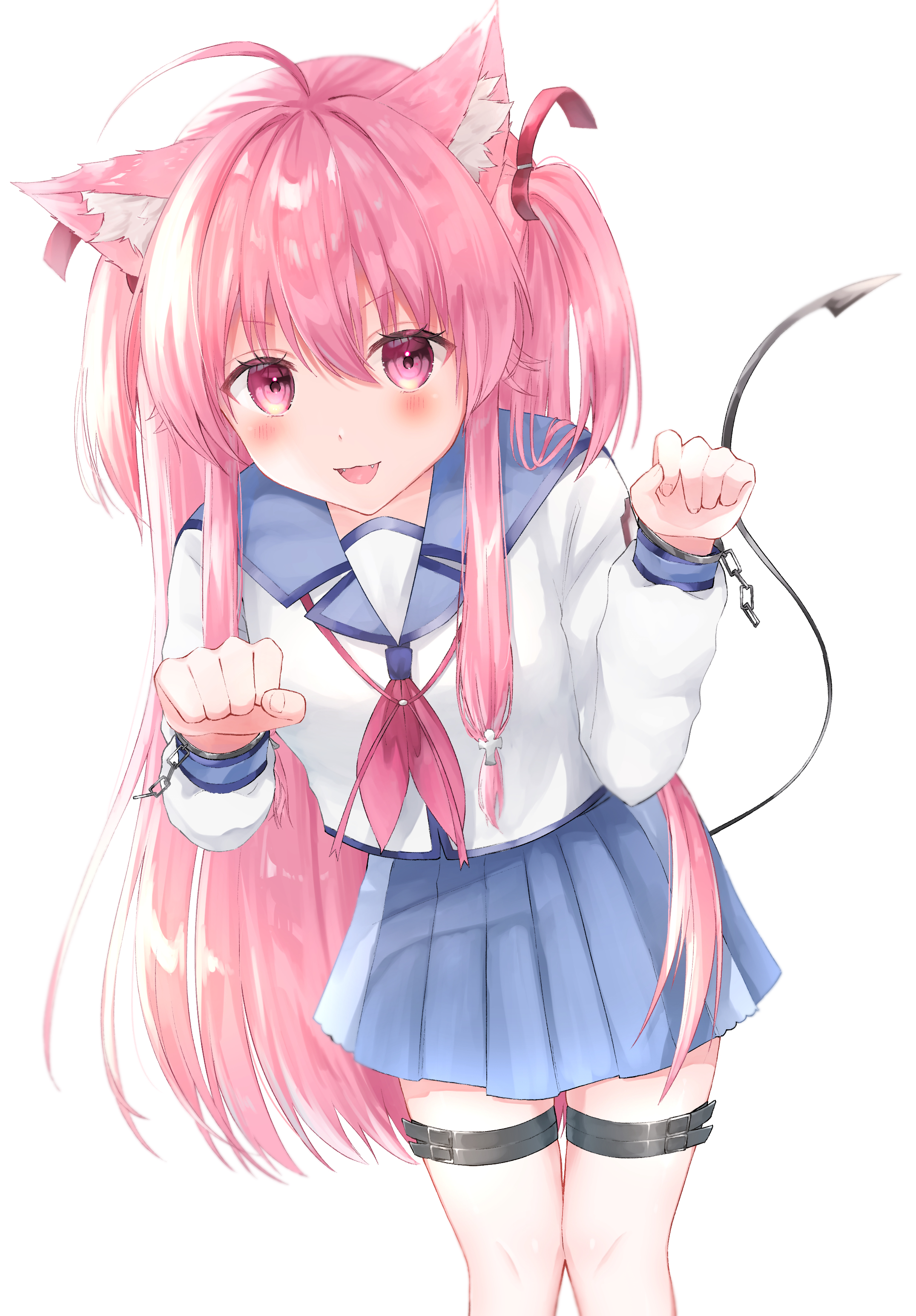 1girl :3 :d absurdres ahoge angel_beats! animal_ear_fluff animal_ears blue_sailor_collar blue_skirt blush cat_ears cat_girl commentary cowboy_shot demon_tail fake_tail fangs hair_between_eyes hair_over_shoulder hair_ribbon hands_up highres kemonomimi_mode long_hair long_sleeves looking_at_viewer miniskirt neckerchief open_mouth paw_pose pink_eyes pink_hair pink_neckerchief pleated_skirt red_ribbon ribbon sailor_collar shirt sidelighting sidelocks simple_background skirt smile solo straight_hair tail thigh_strap two_side_up user_vkcr5455 very_long_hair white_background white_shirt yui_(angel_beats!)