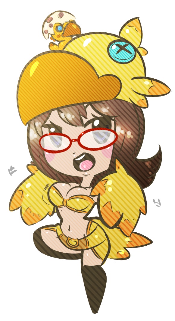 1girl artist_request blush_stickers breasts brown_eyes brown_hair chocobo chocolatte_(world_of_final_fantasy) cleavage feathered_wings final_fantasy glasses hat solo thighhighs wings world_of_final_fantasy