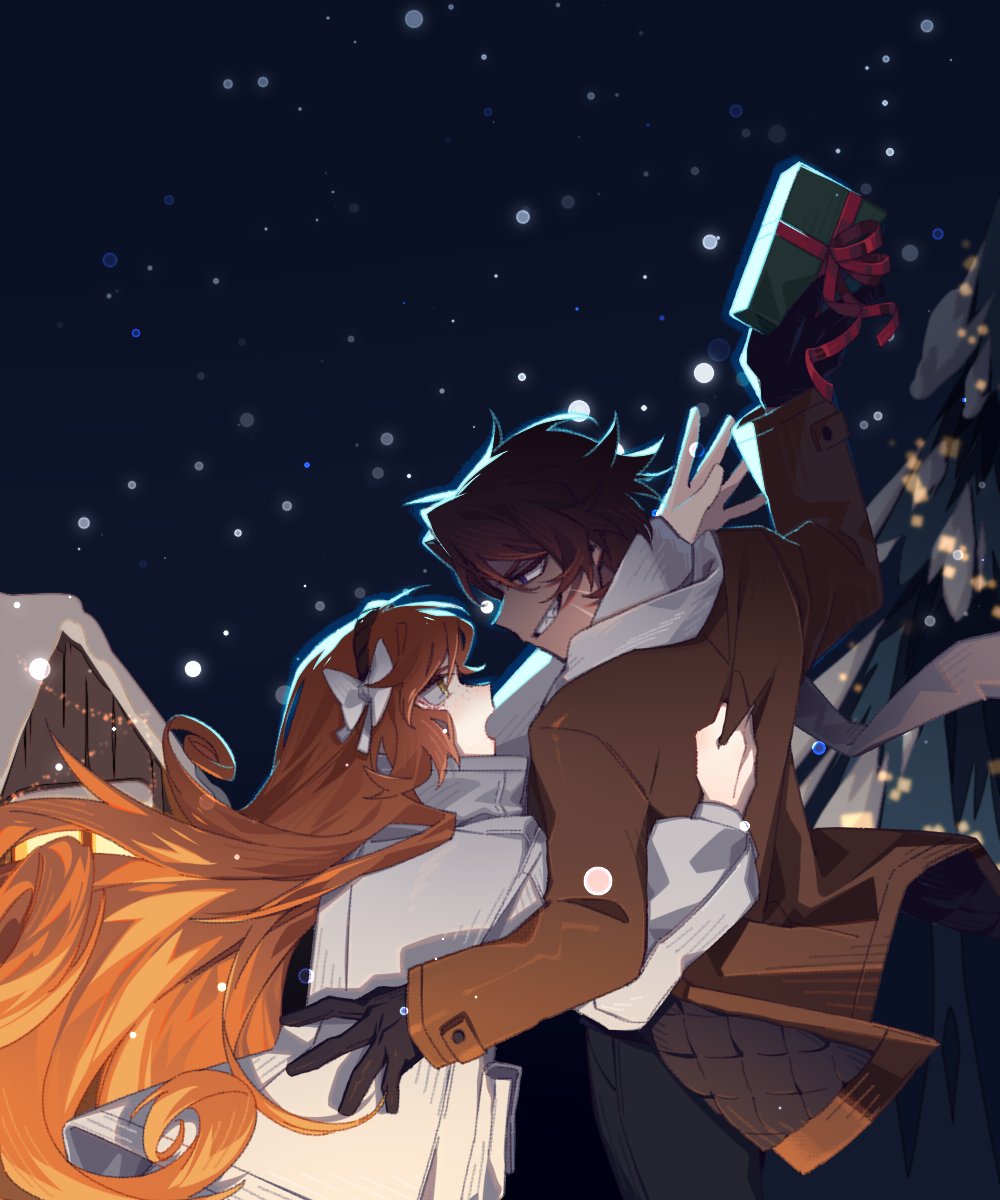 1boy 1girl arm_up black_gloves black_pants bow brown_jacket christmas christmas_tree cowboy_shot gift gloves hair_bow heathcliff_(project_moon) highres holding holding_gift ishmael_(project_moon) jacket limbus_company long_hair mercuryhx open_mouth orange_hair pants project_moon scarf sidelocks very_long_hair white_bow white_jacket white_scarf zwei_association_(identity)_(project_moon) zwei_south_(identity)_(project_moon)