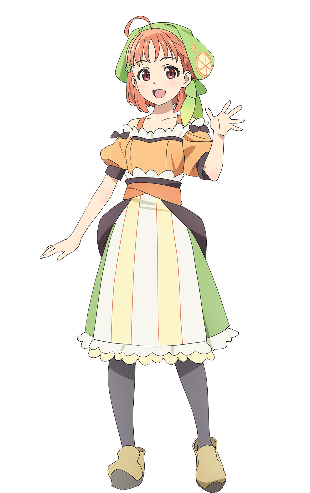 1girl :d ahoge bare_shoulders black_pantyhose bonnet braid brown_shoes chika_(genjitsu_no_yohane) collarbone full_body genjitsu_no_yohane green_bonnet green_skirt highres looking_at_viewer love_live! love_live!_sunshine!! off-shoulder_shirt off_shoulder official_art open_hand open_mouth orange_hair orange_shirt pantyhose puffy_short_sleeves puffy_sleeves red_eyes shirt shoes short_hair short_sleeves side_braid simple_background skirt smile solo standing striped_clothes striped_skirt tachi-e takami_chika transparent_background