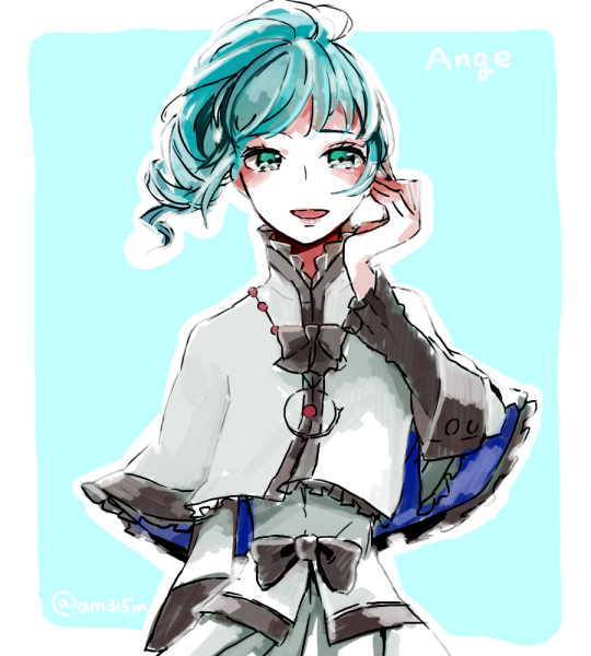 1girl ange_serena blue_background blue_eyes blue_hair capelet dress frills long_hair necklace open_mouth ponytail ribbon tales_of_(series) tales_of_innocence tears