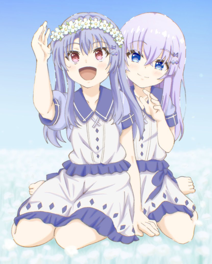 2girls :d aged_down arar0158 arm_at_side barefoot blue_eyes blue_hair blush bow child closed_mouth collared_shirt commentary_request crossed_bangs day eyes_visible_through_hair field flower flower_field flower_wreath frilled_skirt frills full_body hair_between_eyes hair_bow hand_up happy head_wreath long_hair looking_at_another looking_up multiple_girls open_mouth outdoors purple_hair red_eyes shirt short_sleeves siblings sidelocks sisters sitting skirt smile sorakado_ai sorakado_ao split_mouth straight_hair summer_pockets twins twintails wariza white_flower white_shirt white_skirt yokozuwari
