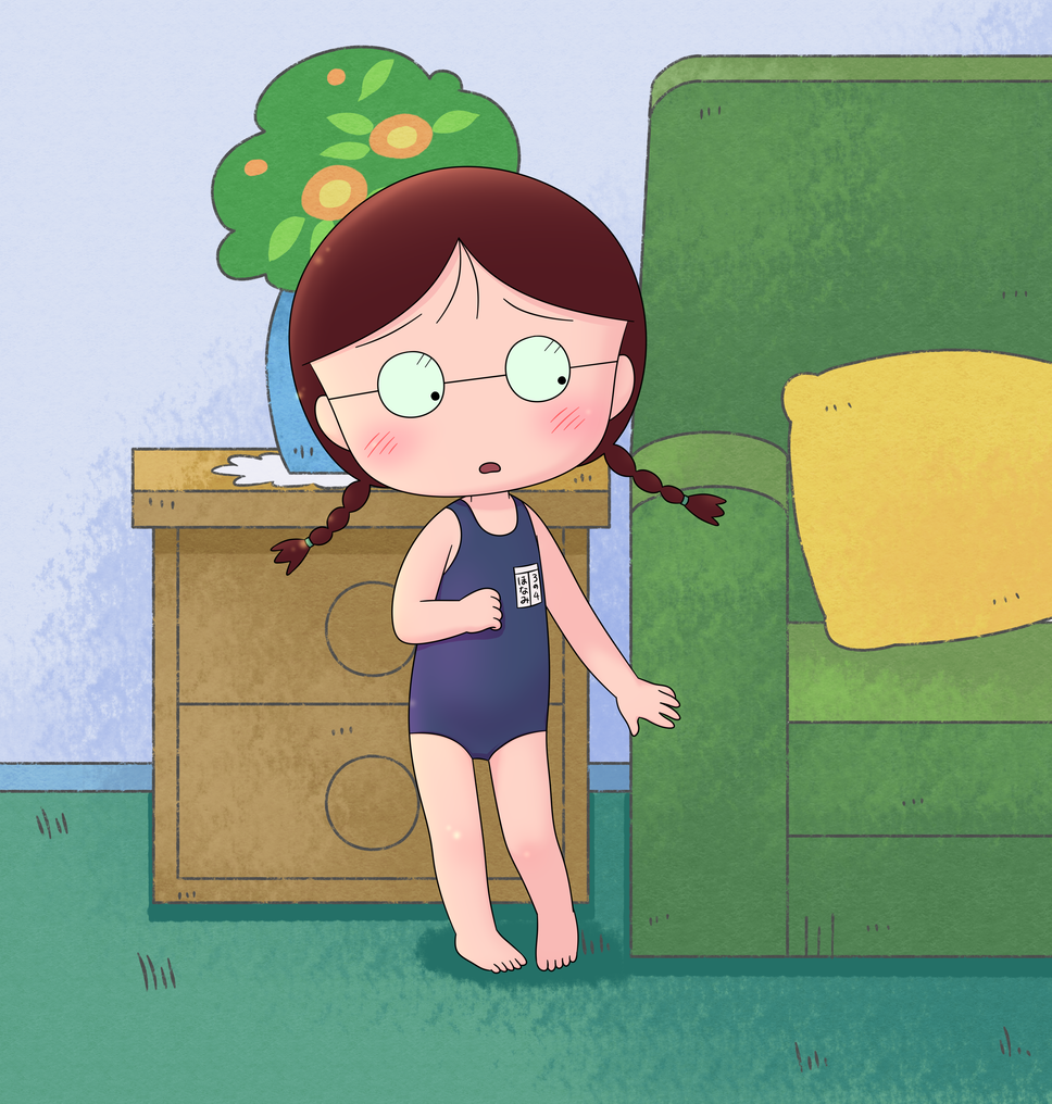 1girl black_eyes brown_hair chibi_maruko-chan glasses honami_tamae swimsuit yamanokonza
