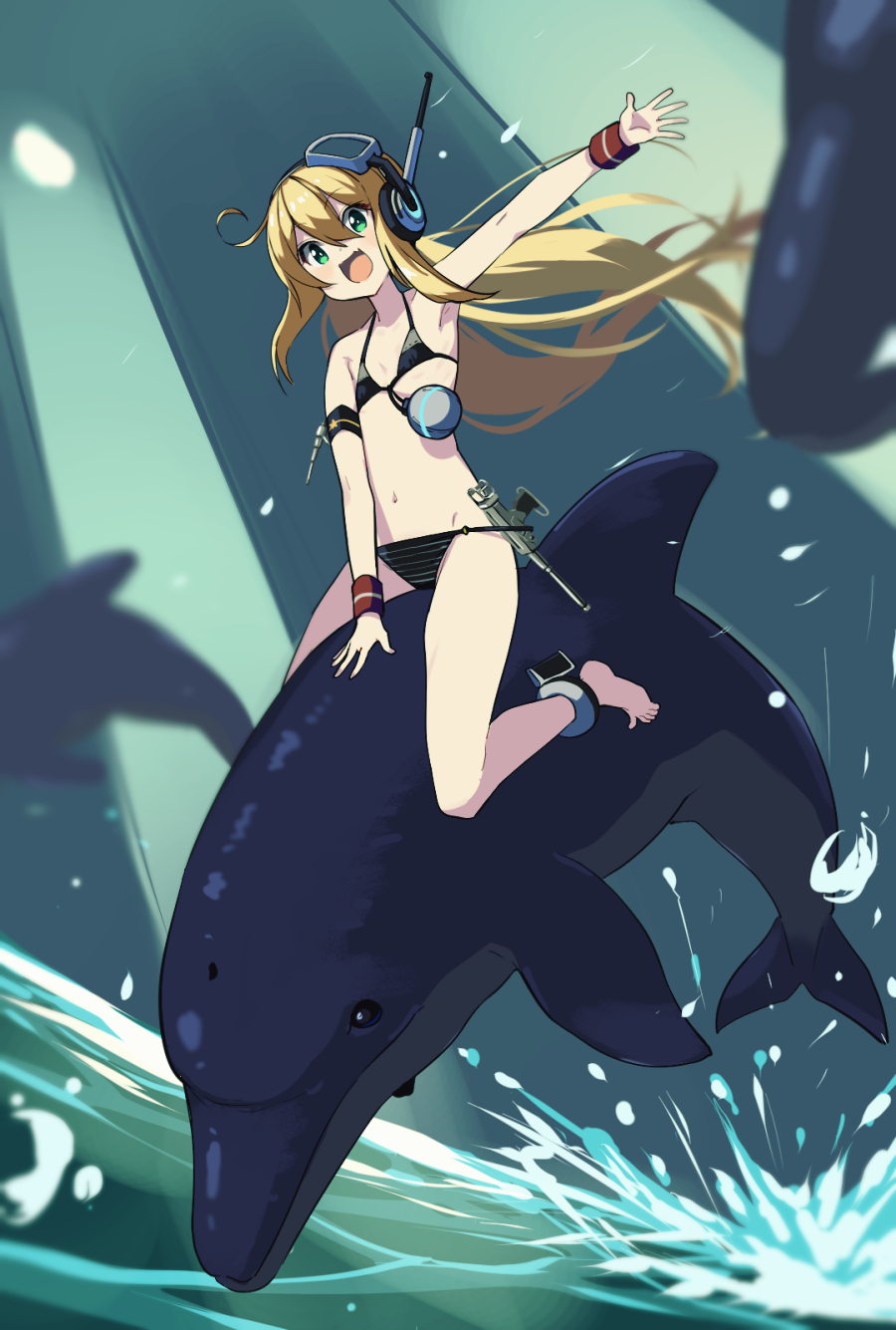 1girl :d albacore_(azur_lane) azur_lane bikini blonde_hair blush breasts dolphin full_body green_eyes gun hair_between_eyes happy headset highres jumping light_smile long_hair looking_at_viewer open_mouth outstretched_arm riding riding_animal small_breasts smile solo splashing striped_bikini striped_clothes swimsuit very_long_hair weapon wide-eyed youhei_64d