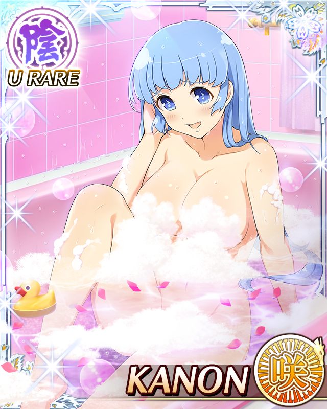 1girl bath bathing bathtub blue_eyes blue_hair blunt_bangs breasts card_(medium) convenient_censoring game_cg kanon_(senran_kagura) large_breasts leg_up looking_at_viewer musical_note-shaped_pupils non-web_source official_alternate_costume official_alternate_hairstyle official_art onsen partially_submerged rubber_duck senran_kagura senran_kagura_new_wave soap_bubbles soap_censor solo steam symbol-shaped_pupils wet