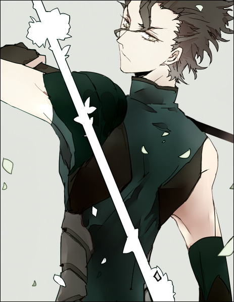 1boy armor bare_shoulders black_gloves black_shirt brown_hair closed_mouth collared_shirt diarmuid_ua_duibhne_(fate) diarmuid_ua_duibhne_(lancer)_(fate) elbow_gloves eyelashes fate/zero fate_(series) faulds fingerless_gloves forehead from_behind frown gloves grey_background hair_between_eyes high_collar holding holding_polearm holding_weapon looking_at_viewer looking_back male_focus petals polearm shirt short_hair simple_background sleeveless sleeveless_shirt solo suou_(sdurorhr) thick_eyebrows toned toned_male upper_body v-shaped_eyebrows wavy_hair weapon white_eyes